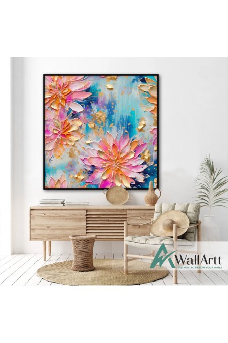 Pink Orange Flowers 3d Heavy Textured Partial Oil Painting